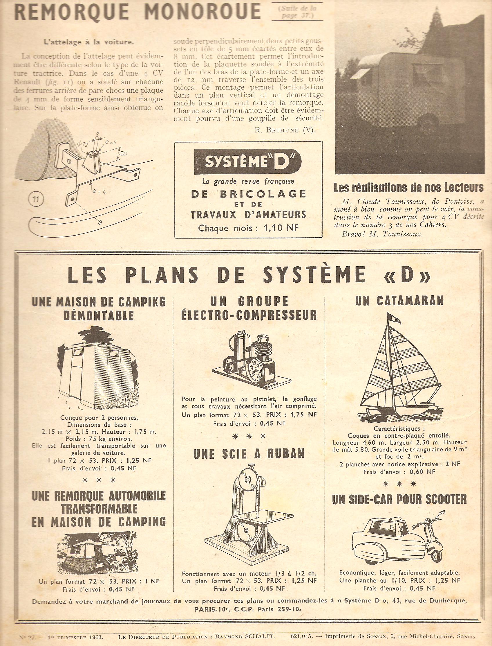 remorque monoroue (suite)page 50 système D 1963